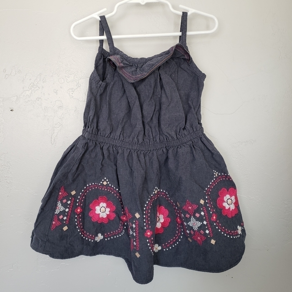 Gymboree Little Girl 4 Dark Wash Dress Spaghetti Strap Pink Embroidered Flower